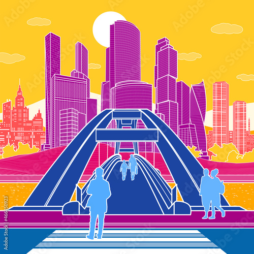 Colorful bright cityscape. Pedestrian bridge over the river. Night modern city at background. Infrastructure town illustration. People walking at street. Vector design art