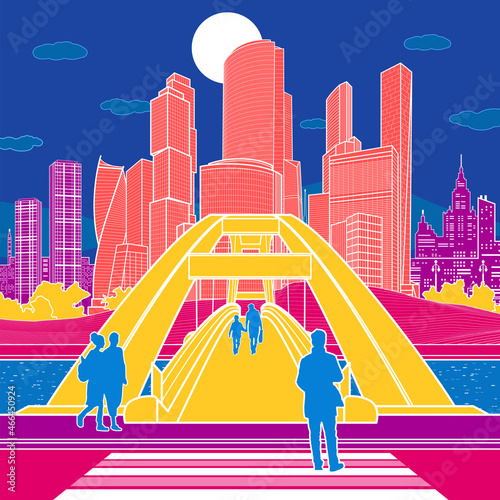 Colorful bright cityscape. Pedestrian bridge over the river. Night modern city at background. Infrastructure town illustration. People walking at street. Vector design art