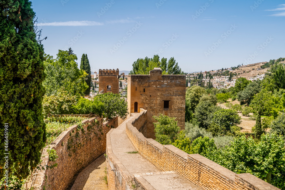 Walls of Moorish palace complex called Alhambra in Granada, Spain