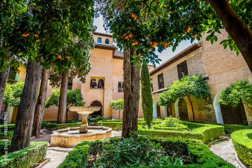 Courtyard with fountain and treesin Alhambra palace complex, Granada, Andalusia, Spain photo