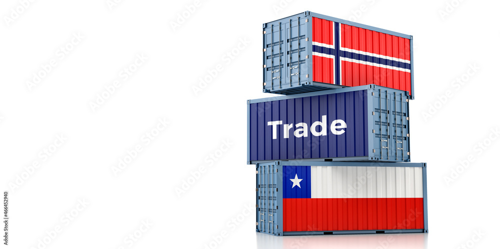 Shipping containers with Chile and Norway national flag. 3D Rendering Shipping containers with Chile and Norway national flag. 3D Rendering