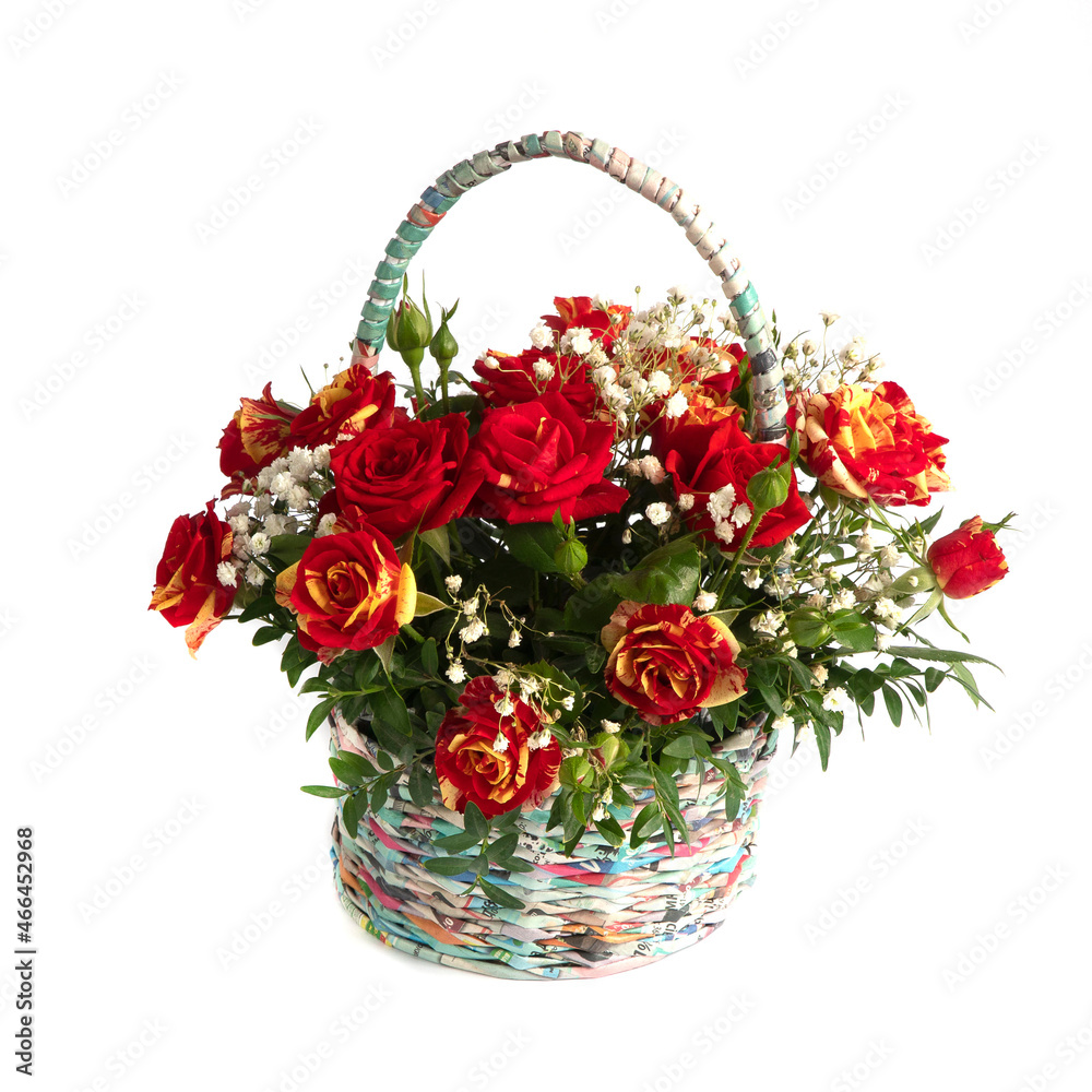 festive basket with flowers. bouquet of roses. postcard congratulation. birthday. anniversary.