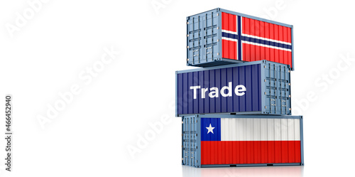 Shipping containers with Chile and Norway national flag. 3D Rendering 