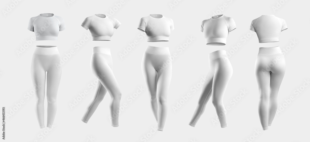 White compression suit mockup, crop top, t-shirt, leggings, 3D rendering, front, back view, isolated on background. White compression suit mockup, crop top, t-shirt, leggings, 3D rendering, front, back view, isolated on background.