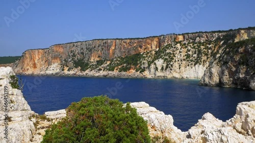 Pristine Blue Water And Rocky Cliffs Of Alaties Beach In Erisos, Cephalonia Island, Greece. aerial photo