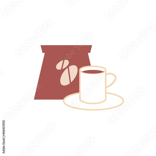 Vector cartoon flat cup and package of coffee beans isolated on empty background-balanced diet,healthy eating and food cooking concept,web site banner ad design