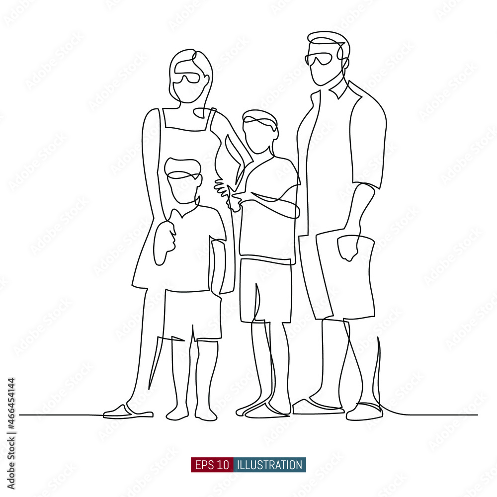 Continuous line drawing of Family in summer clothes. Mother, father and two sons. Template for your design works. Vector illustration. Continuous line drawing of Family in summer clothes. Mother, father and two sons. Template for your design works. Vector illustration.