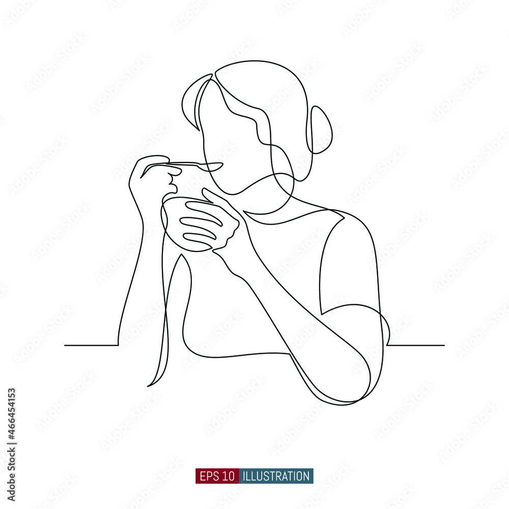 Continuous line drawing of Woman holds a spoon and a bowl and eats. Template for your design. Vector illustration. Continuous line drawing of Woman holds a spoon and a bowl and eats. Template for your design. Vector illustration.