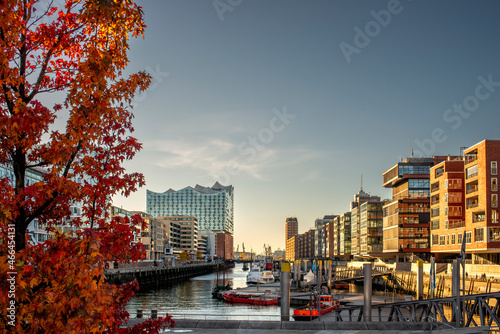 The hafencity with the elbphilharmonie in autumn on a shiny day