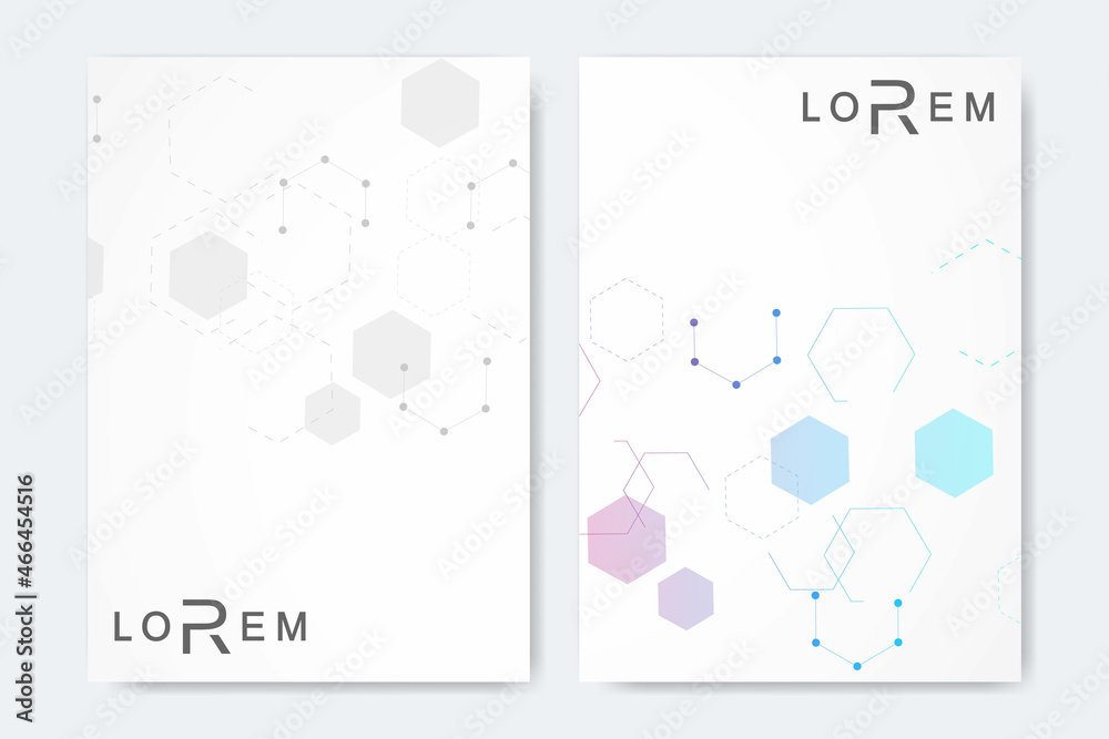 Minimal brochure templates, magazine, leaflet, flyer, cover, booklet, annual report, banner. Scientific concept for medical, technology, chemistry. Hexagonal molecule structure. Dna, atom, neurons. Minimal brochure templates, magazine, leaflet, flyer, cover, booklet, annual report, banner. Scientific concept for medical, technology, chemistry. Hexagonal molecule structure. Dna, atom, neurons.