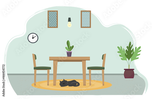 An interior of cozy dining room with table, chairs, home decor and cat on the carpet, domestic life concept, flat vector illustration