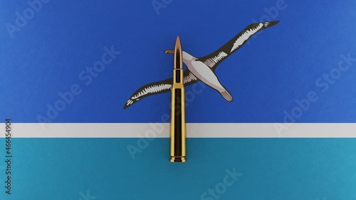 3D rendering of top down view of a single rifle bullet in the center and on top of the flag of Midway Islands photo