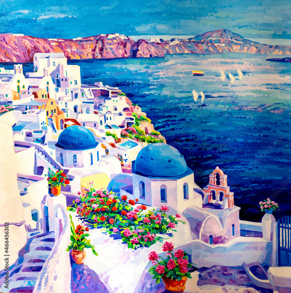 Original oil painting. Santorini painting. Modern art.