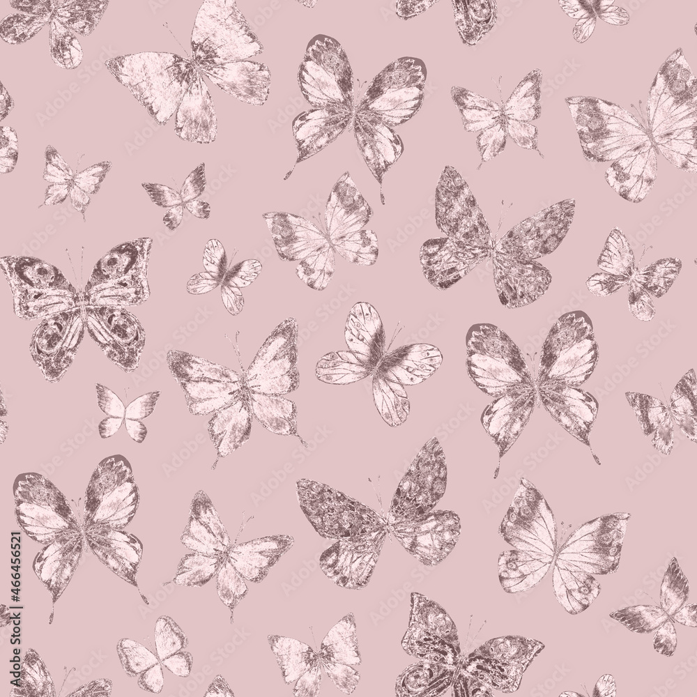 Butterflies pastel pink glittering luxury seamless pattern