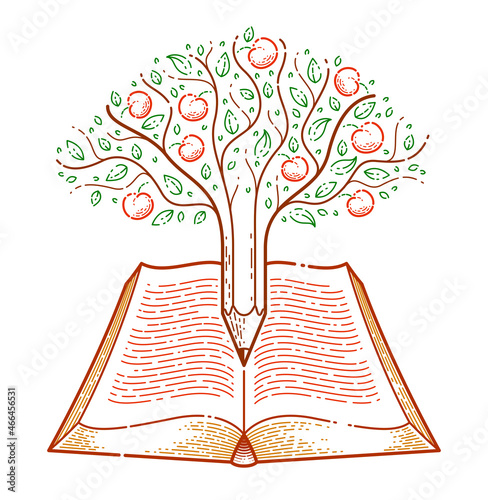 Tree with apples combined with pencil over open vintage book education or science knowledge concept, educational or scientific literature library vector logo or emblem.