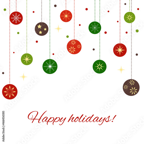 Christmas greeting card with christmas balls, stars. Vector illustration.