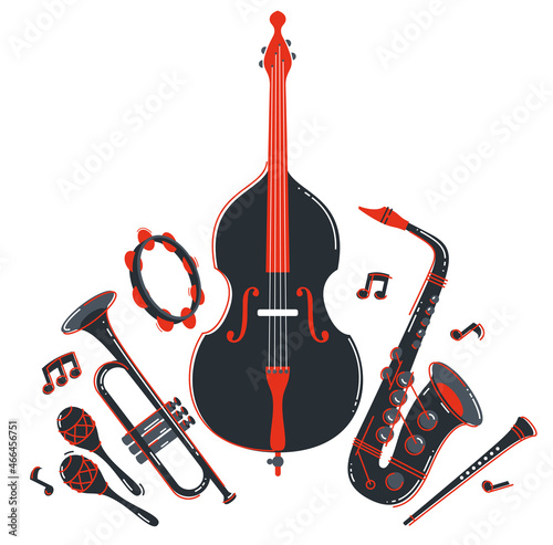 Jazz music band concept different instruments vector flat illustration isolated on white background, live sound festival or concert, musician different instruments set.