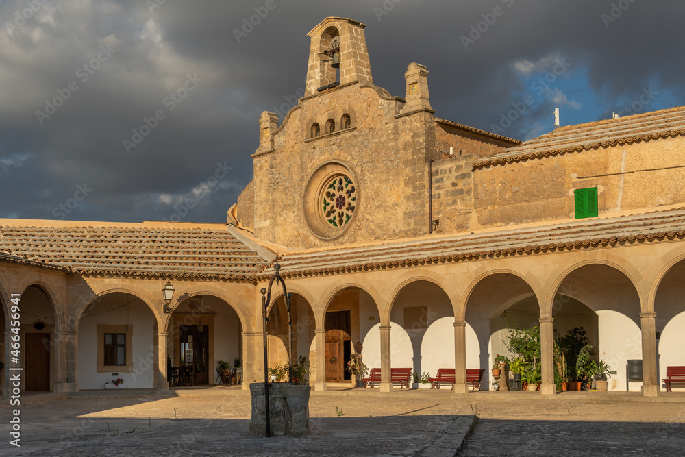 Monti-sion Monastery at sunset. Main facade of the church. Island of Mallorca, Spain