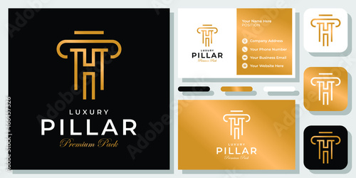 Initial Letter H Pillar Attorney Law Justice Gold Luxury Greek Lawyer Logo Design with Business Card Template