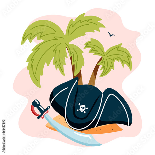 Pirate cocked hat with saber and palm trees on the background. Vector illustration in hand drawn style. Isolated elements