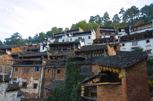 Gray roofs with white or brown walls. Ancient buildings in Huangling Village. An ancient Huizhou architectural settlement in Huangling Village, Wuyuan, Jiangxi, China.