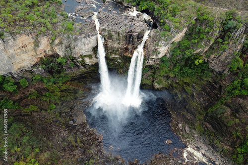 Aerial view of waterfalls in Chapada dos Veadeiros National Park in the state of Goias, Brazil photo