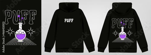Cartoon bong poster, with text "puff".  In Acid style, stylish print for streetwear, print for t-shirts and hoodies, isolated on black background 