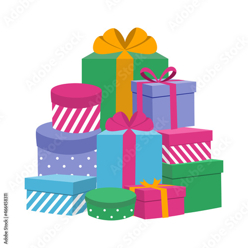Colorful wrapped present gift boxes in flat design on white background. Christmas gifts concept.
