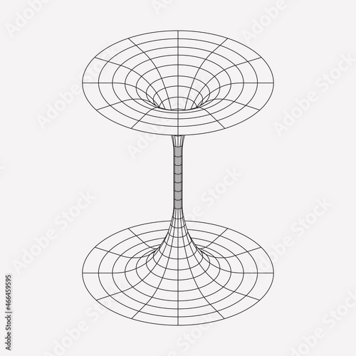 Wireframe geometric shape, black or worm hole funnel, singularity. Astrology and mathematical element. Line design, editable strokes. Vector illustration, EPS 10