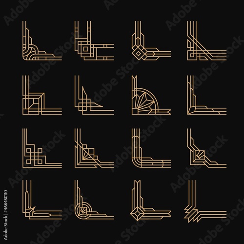 Art deco corners collection. Line corner, decorative borders. Frame elements, books dividers of simple ornament. Retro geometric tidy vector set