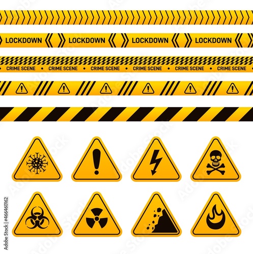 Danger ribbon and sign. Yellow construction ribbons, warning toxic dangerous signs. Security and safety, stripes caution tape exact vector set