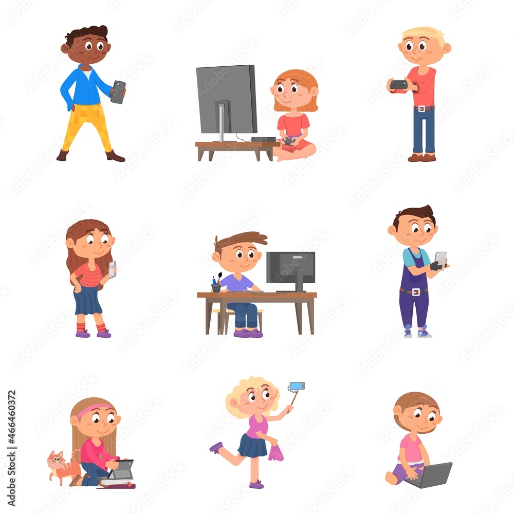 Children with gadgets. Computer gamer, kid using digital devices. Boy girl with smartphone, fun play with mobile tablet decent vector characters Children with gadgets. Computer gamer, kid using digital devices. Boy girl with smartphone, fun play with mobile tablet decent vector characters