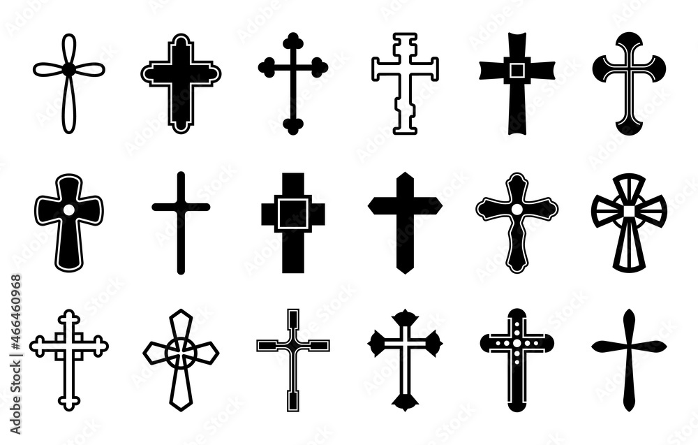 Christian cross set. Crosses collection, christianity holy isolated elements. Catholic orthodox religious symbols. Crucifix silhouette exact vector icons