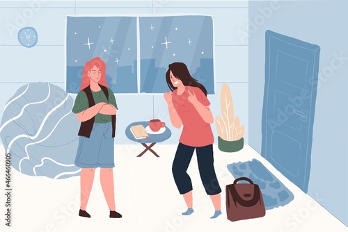 Vector cartoon flat pair of characters quarreling,arguing in leaving home scene.Healthy personal relationships,emotions,social behavior and family psychology concept,web site banner ad design