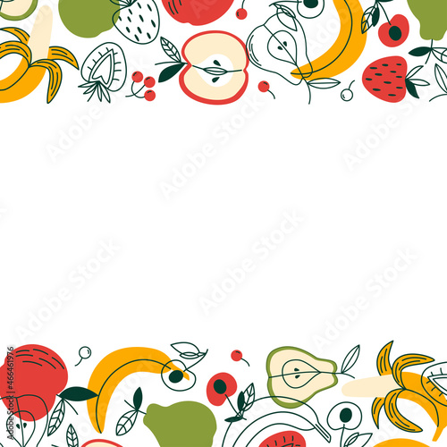 Simple frame with fruits and berries. Poster with space for a text. Vector flat illustration with organic plant foods
