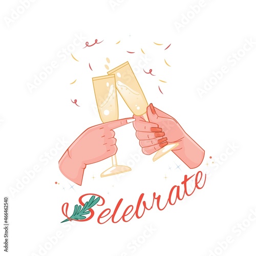 Female hand clinking champagne glasses celebrating new year or Christmas winter holiday party. Sticker or greeting card design element isolated on white background