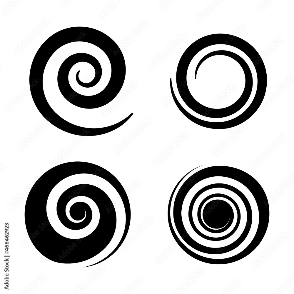 Spirals. Circle black twirl different forms, twisted swirl silhouette. Abstract wave curve shape pictogram, creative round logo, decorative element brush texture vector isolated icons set Spirals. Circle black twirl different forms, twisted swirl silhouette. Abstract wave curve shape pictogram, creative round logo, decorative element brush texture vector isolated icons set