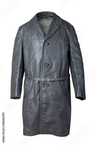 Leather coat isolated. Closeup of a old vintage grey leather coat on mannequin isolated on white. Men's fashion style from the middle of the last century. © Olga