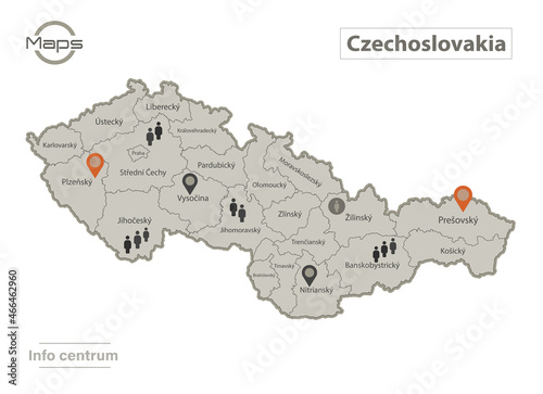 Czechoslovakia map, individual regions with names, Infographics and icons vector