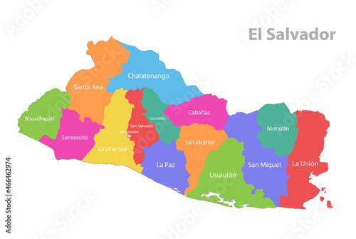 El Salvador map, administrative division, separate individual regions with names, color map isolated on white background vector