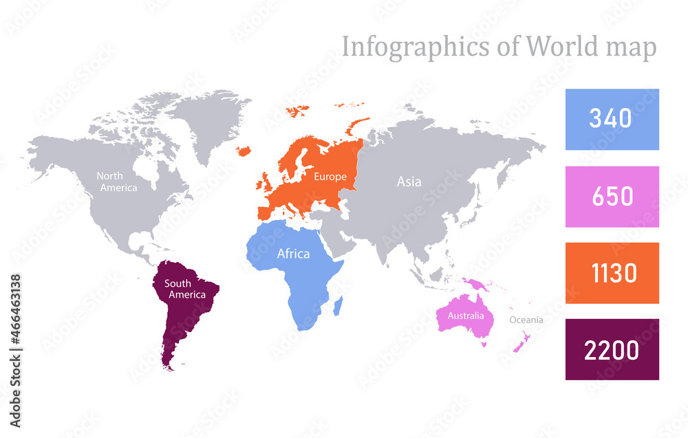 Infographics of World map, individual continents vector