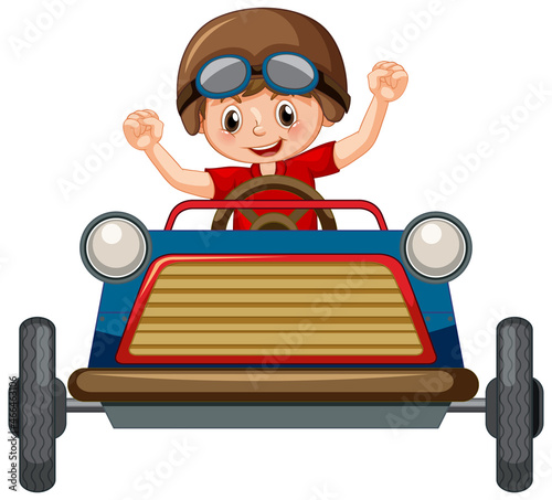 A boy driving mini car toy on white background