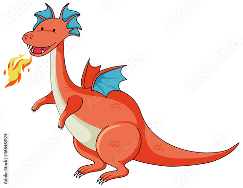 Simple cartoon character of dragon with breathing fire isolated