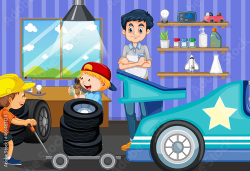 Scene with a boy repairing car with his dad