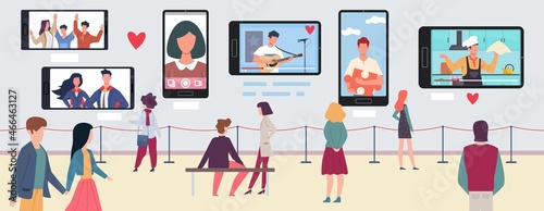 Gallery personal life. Social network. People visit exhibition in museum, contemporary artworks on wall, smartphones and digital tablets with photos and videos, vector concept
