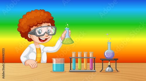 Scientist boy cartoon character on rainbow gradient background