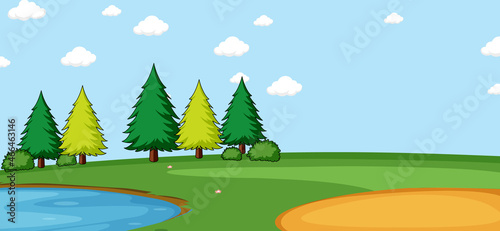 Empty park landscape scene with many trees and pond