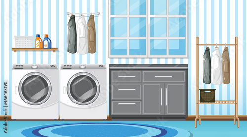 Laundry room interior design with furnitures and decorations