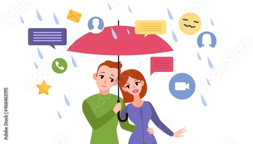 In private. Hide from social networks. Protection of negative news and calls. Happy couple with umbrella protects from rain and flow of spam or messages. Media noise. Vector concept