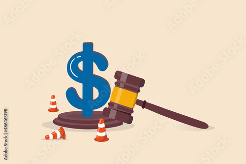 Workers compensation, insurance providing wages replacement, employee injured benefit, legal or law to compensate payment concept, justice gavel with dollar money symbol and accident pylons.